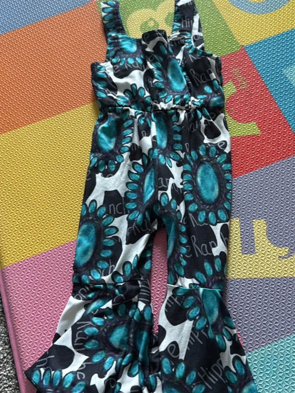 NWOT Boutique Girls Turquoise Squash Blossom Print Bell Bottom Jumpsuit